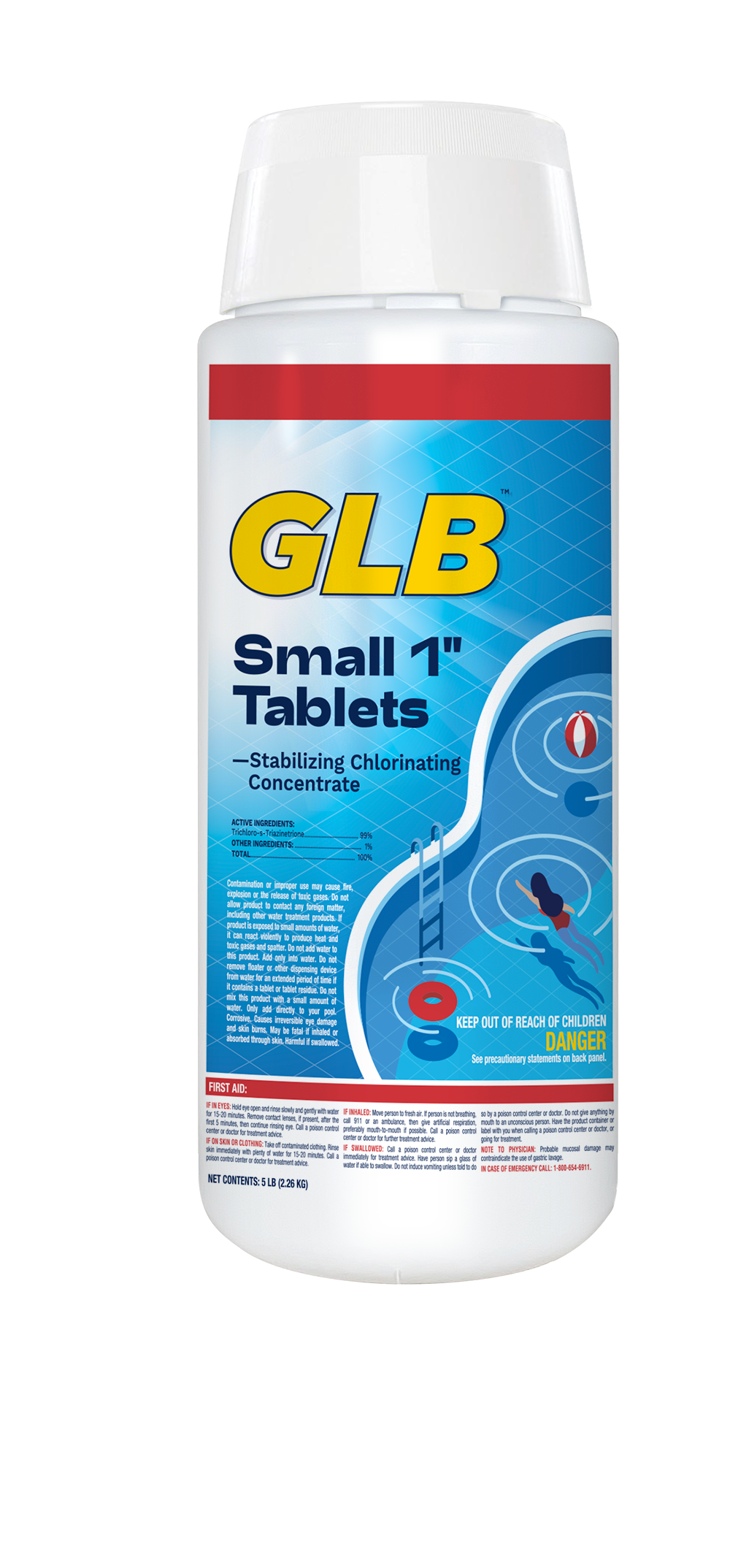 GLB 1 inch chlorine tablets 5 pound container for swimming pool sanitation